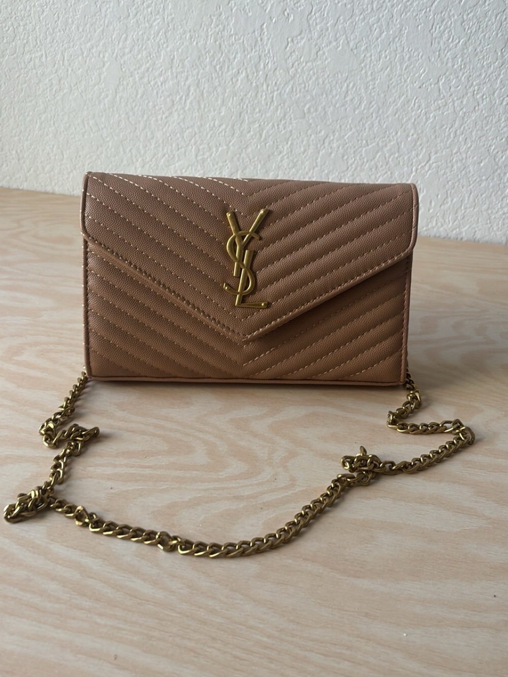Yves Saint Laurent Tan Quilted Chevron Envelope Crossbody with Gold Chain